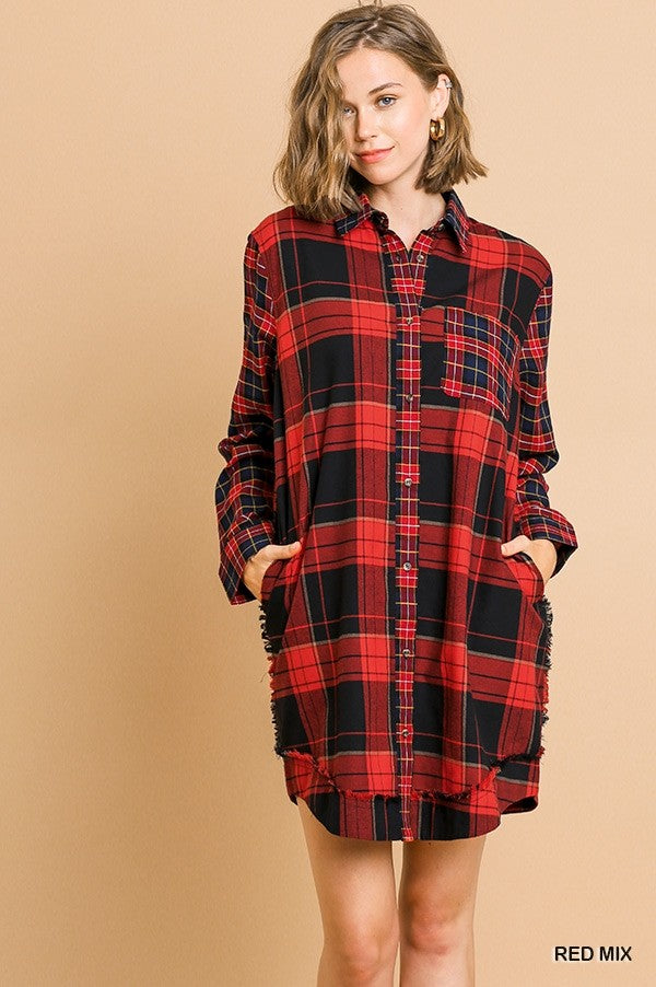 Plaid Long Sleeve Button Front Dress Red