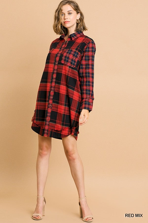 Plaid Long Sleeve Button Front Dress Red