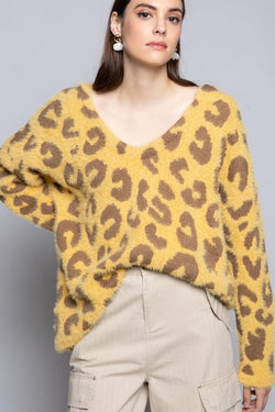 Leopard Mohair V-Neck Sweater Mustard