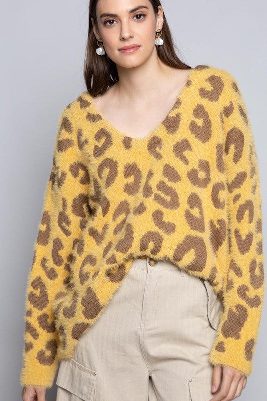 Leopard Mohair V-Neck Sweater Mustard