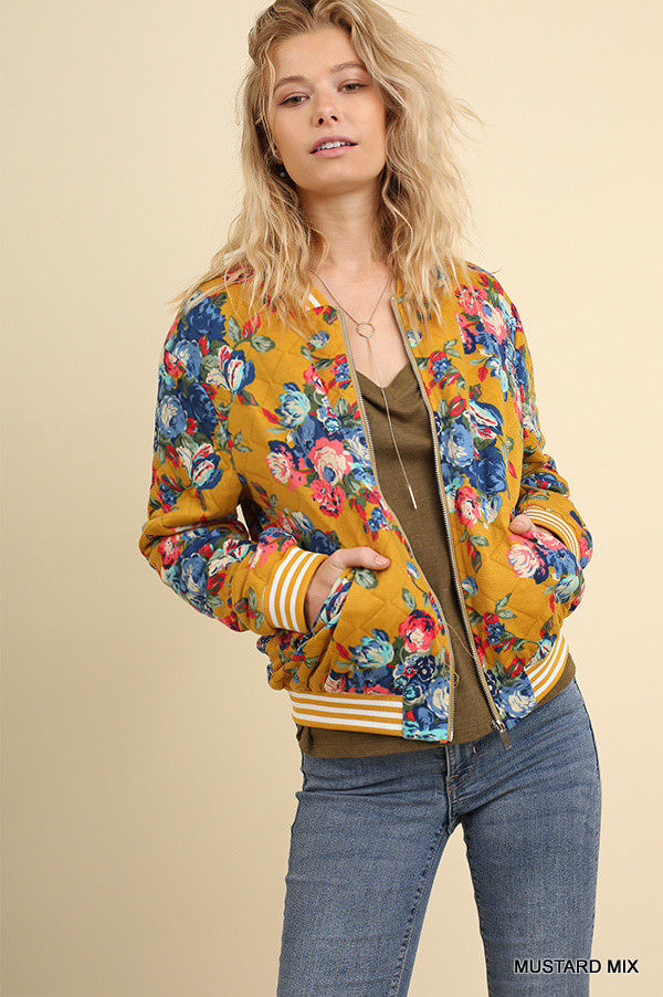 Floral Print Quilted Bomber Zip Jacket Mustard - Athens Georgia Women's Fashion Boutique