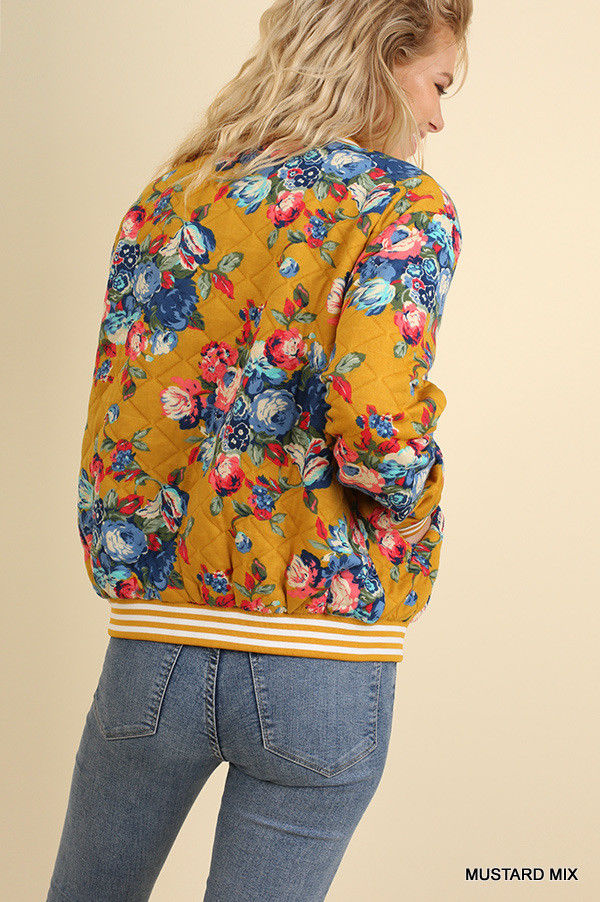 Floral Print Quilted Bomber Zip Jacket Mustard - Athens Georgia Women's Fashion Boutique