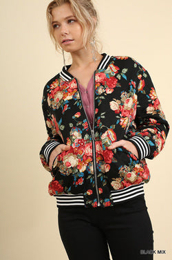 Floral Print Quilted Bomber Zip Jacket Black - Athens Georgia Women's Fashion Boutique
