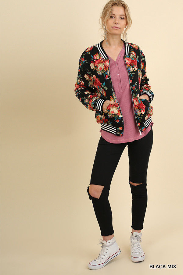 Floral Print Quilted Bomber Zip Jacket Black - Athens Georgia Women's Fashion Boutique