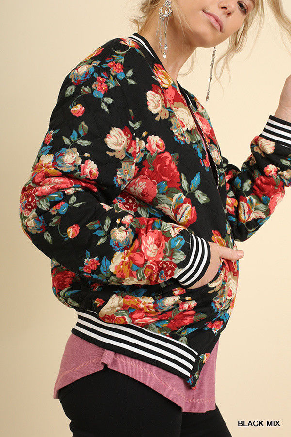 Floral Print Quilted Bomber Zip Jacket Black - Athens Georgia Women's Fashion Boutique
