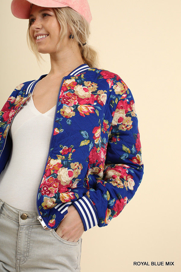 Floral Print Quilted Bomber Zip Jacket Royal Blue - Athens Georgia Women's Fashion Boutique