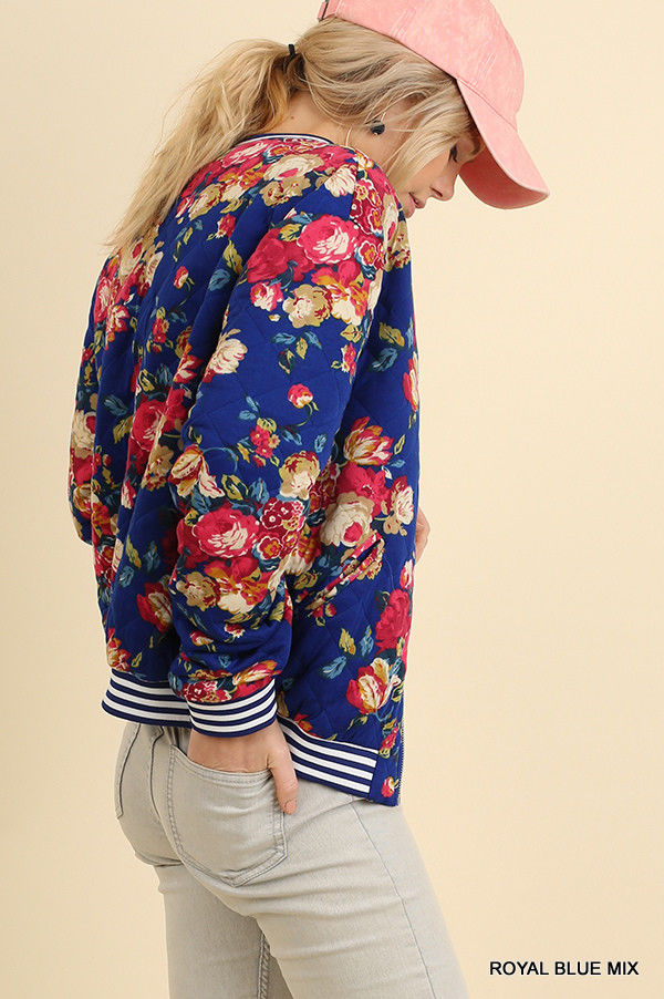Floral Print Quilted Bomber Zip Jacket Royal Blue - Athens Georgia Women's Fashion Boutique