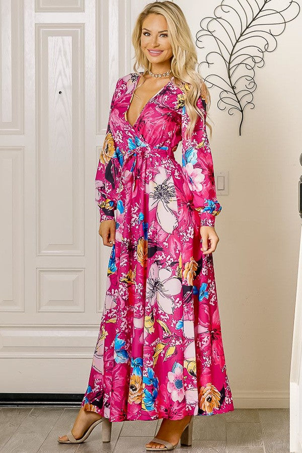 Long Sleeve V-Neck Floral Print Maxi Dress Fuschia - Athens Georgia Women's Fashion Boutique