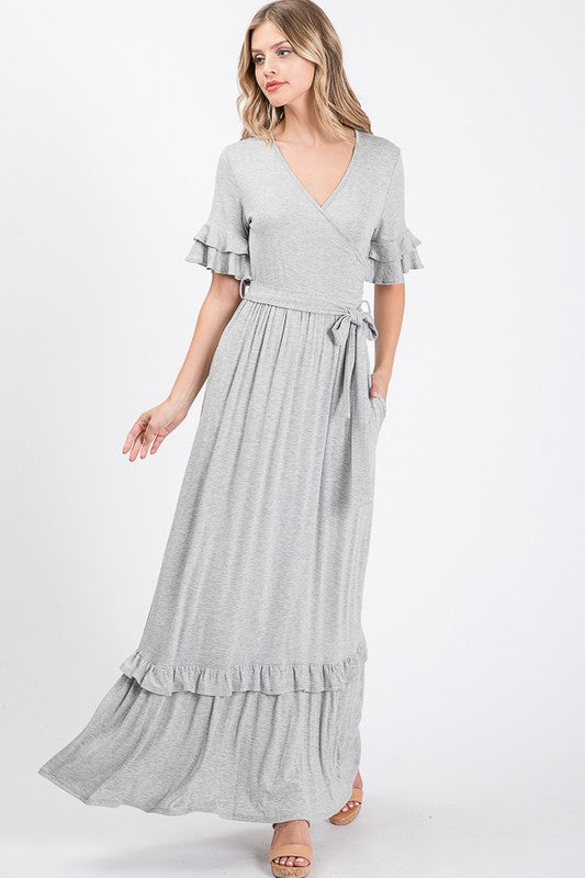 Ruffled Sleeve Maxi Dress Heather Grey