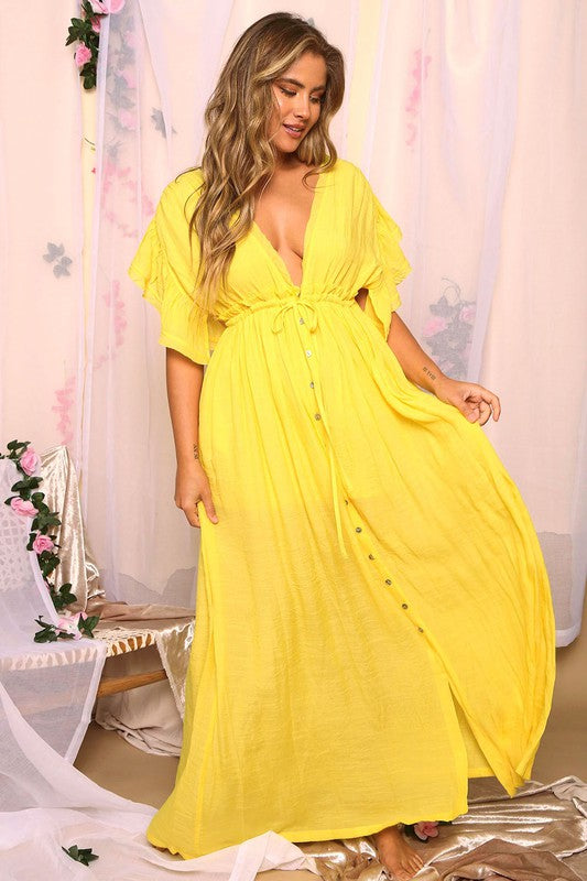 Woven Gathered V-Neck Maxi Dress Yellow