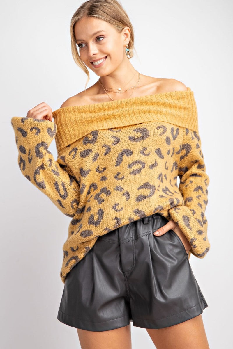 Leopard Print Cowl Neck Pullover Sweater Mustard Southern