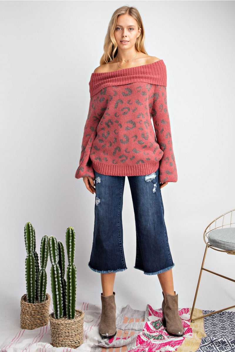 Leopard Print Cowl Neck Pullover Sweater Marsala - Athens Georgia Women's Fashion Boutique