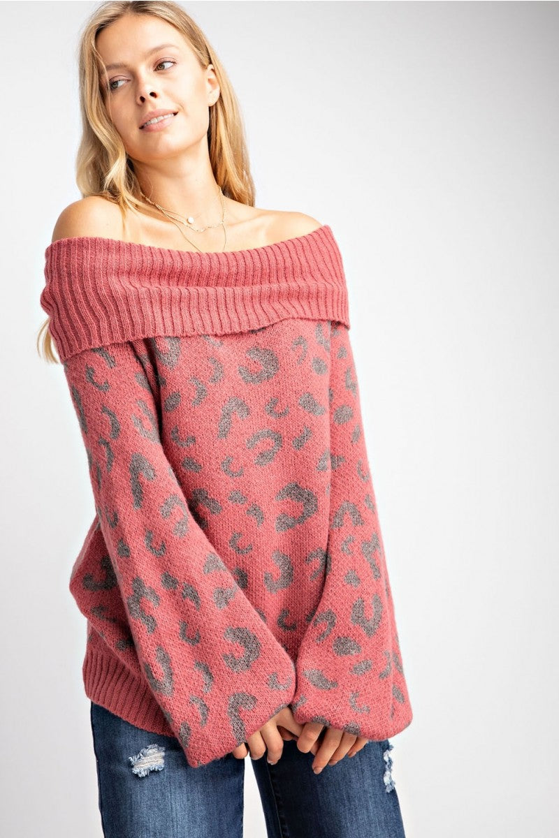 Leopard Print Cowl Neck Pullover Sweater Marsala - Athens Georgia Women's Fashion Boutique