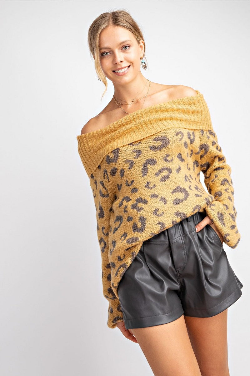 Leopard Print Cowl Neck Pullover Sweater Mustard - Athens Georgia Women's Fashion Boutique