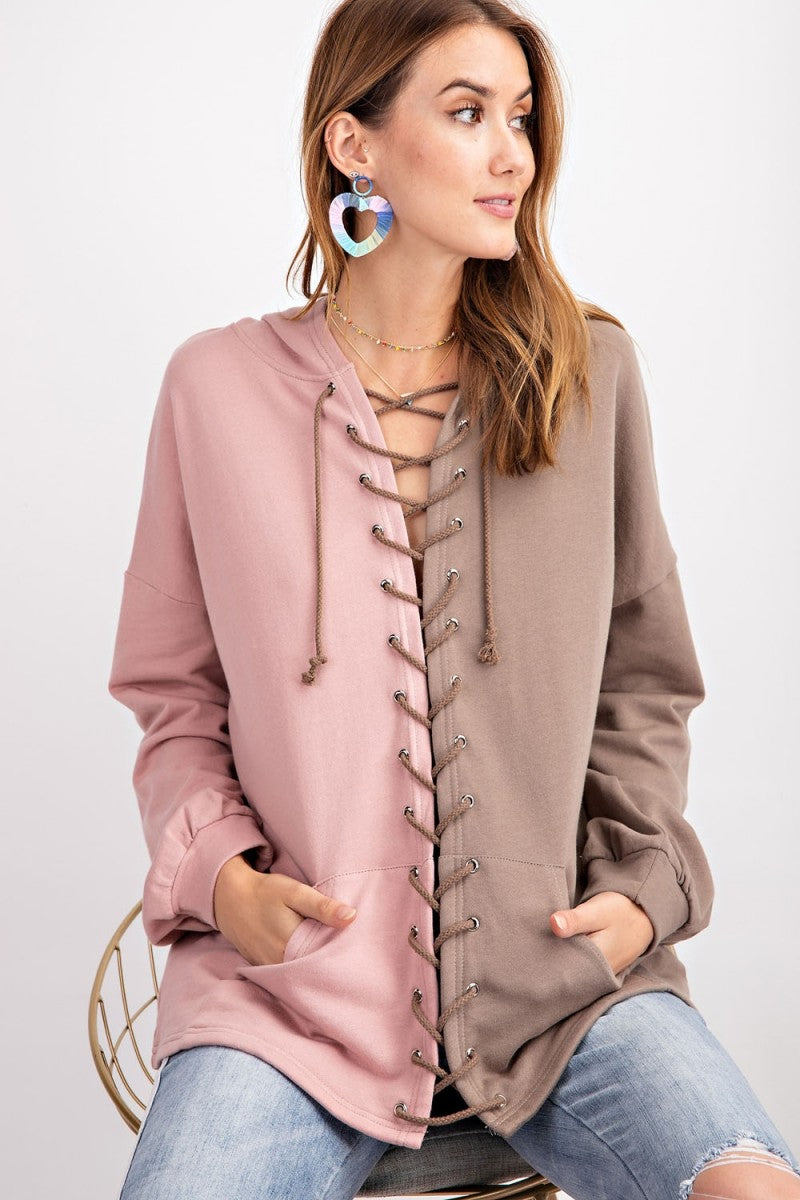 Color Block Terry Knit Hoodie Mocha Southern Fashion Boutique Bliss
