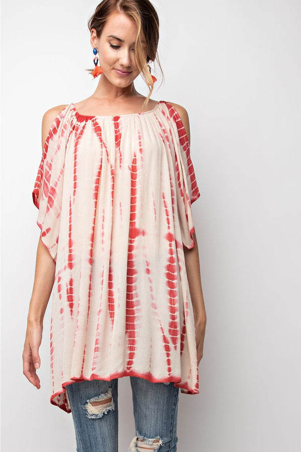 Loose Fit Cold Shoulder Tie Dye Tunic Crimson - Athens Georgia Women's Fashion Boutique