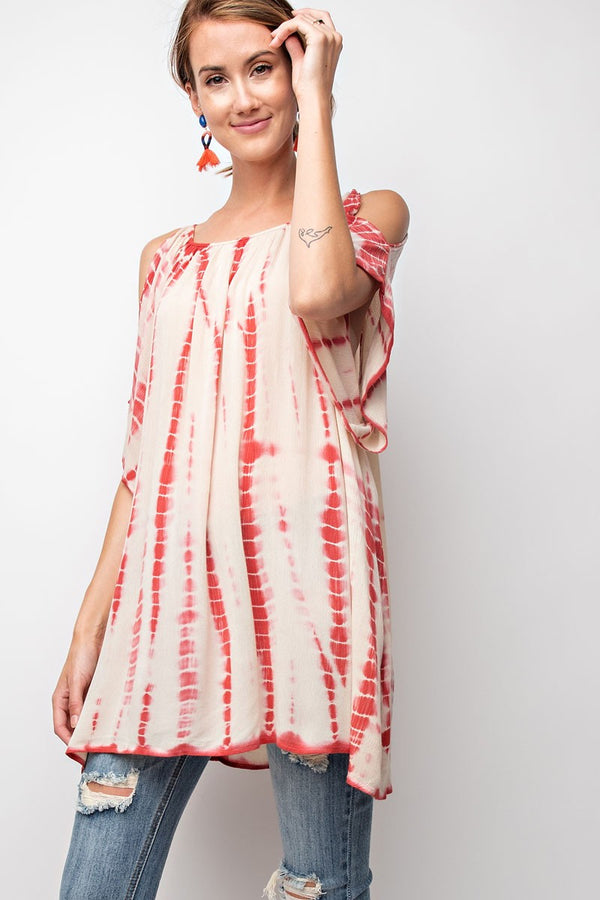 Loose Fit Cold Shoulder Tie Dye Tunic Crimson - Athens Georgia Women's Fashion Boutique