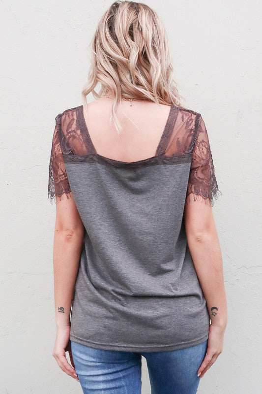Lace Shoulder Sleeve Detailed Top Charcoal