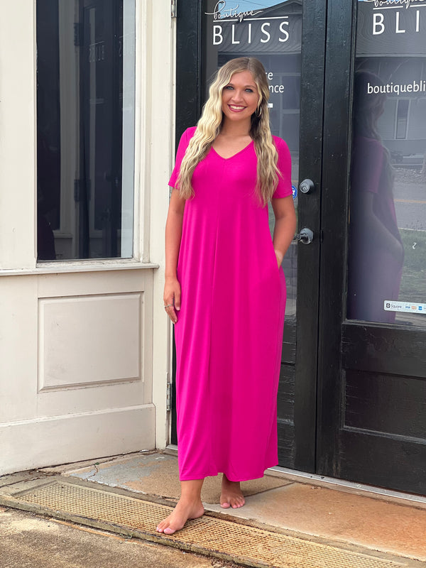 V-Neck Maxi Dress w/Side Pockets Magenta