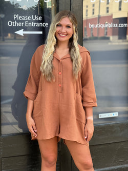 Button-up Hooded Loose Fit Romper Mocha