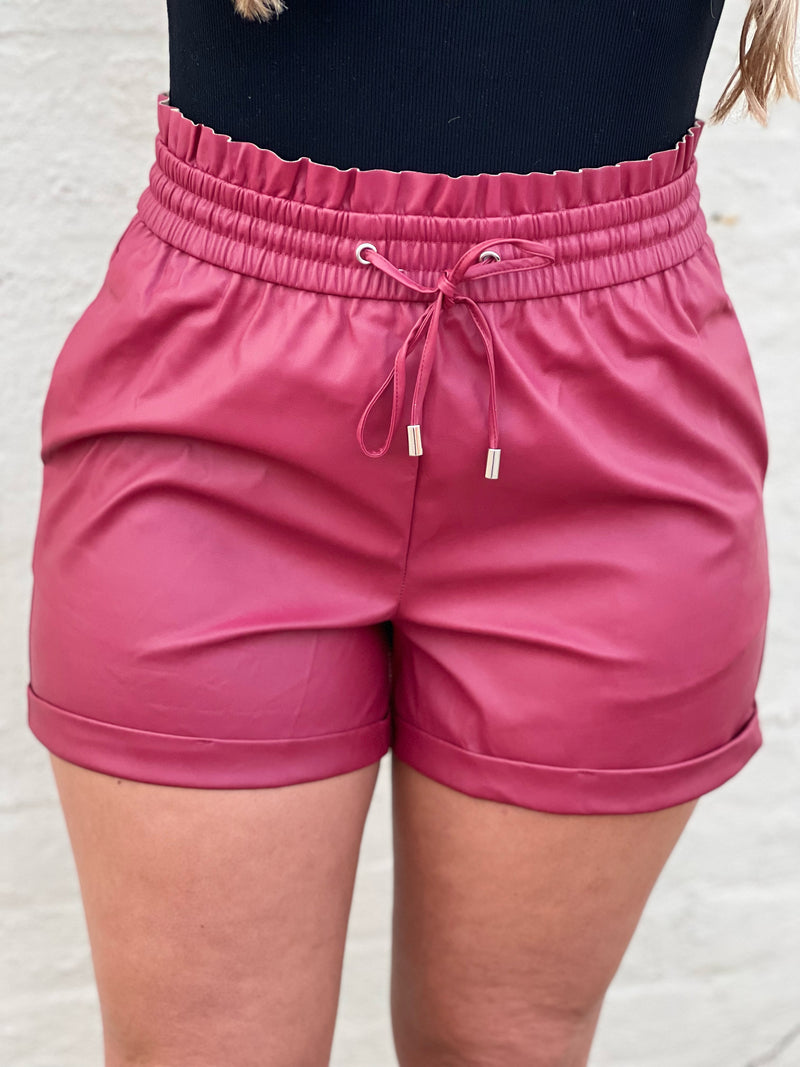 Faux Leather Paperbag Waist Shorts Dark Red