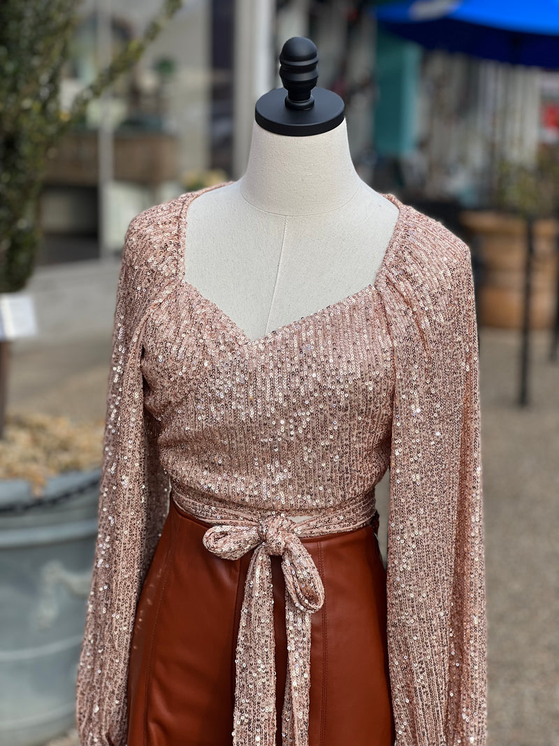 Sequin Wrap Crop Top Champagne Rose
