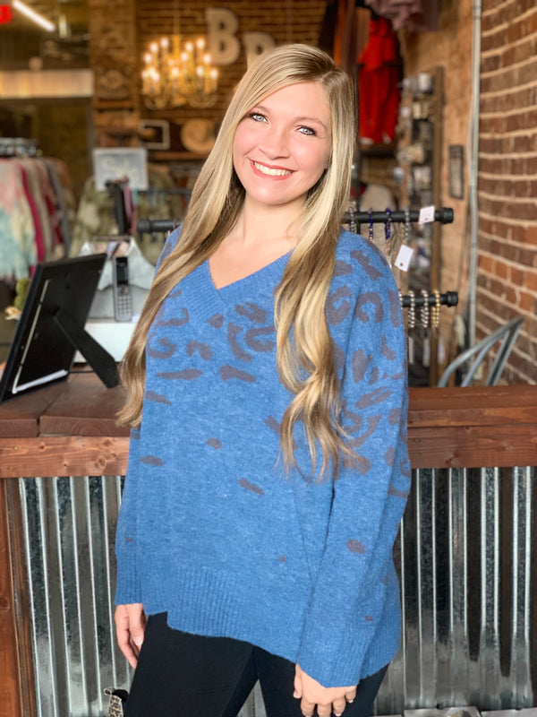 Animal Print V-Neck Sweater Top Teal