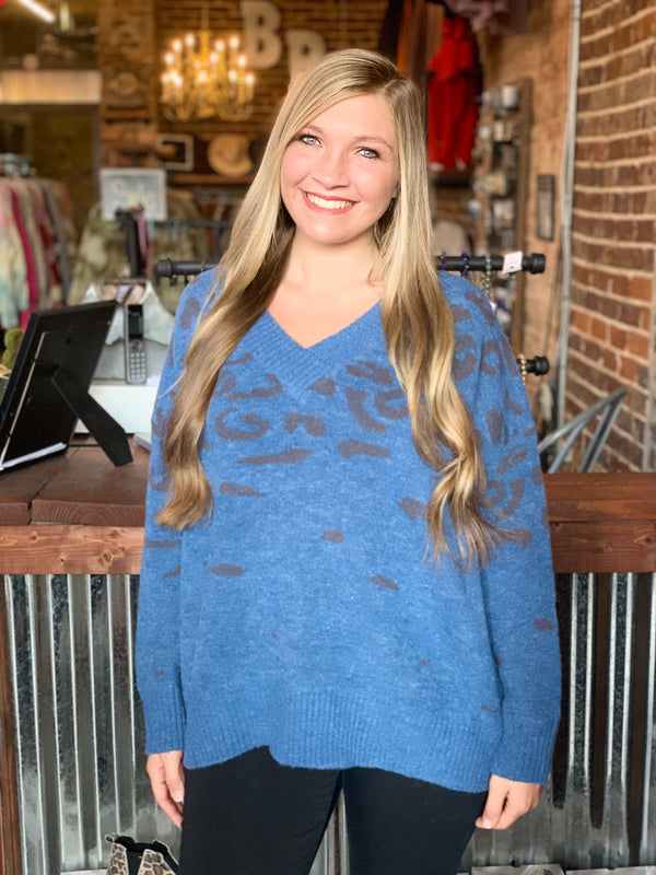 Animal Print V-Neck Sweater Top Teal