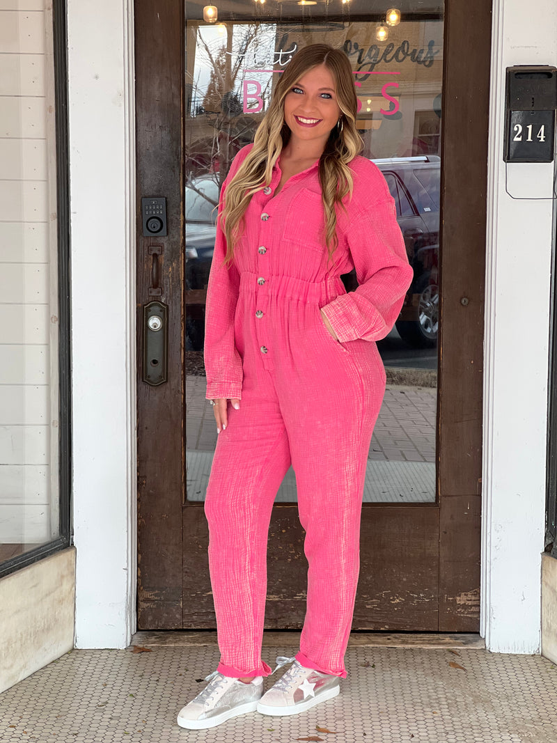 Washed Solid Long Sleeve Jumpsuit Pink