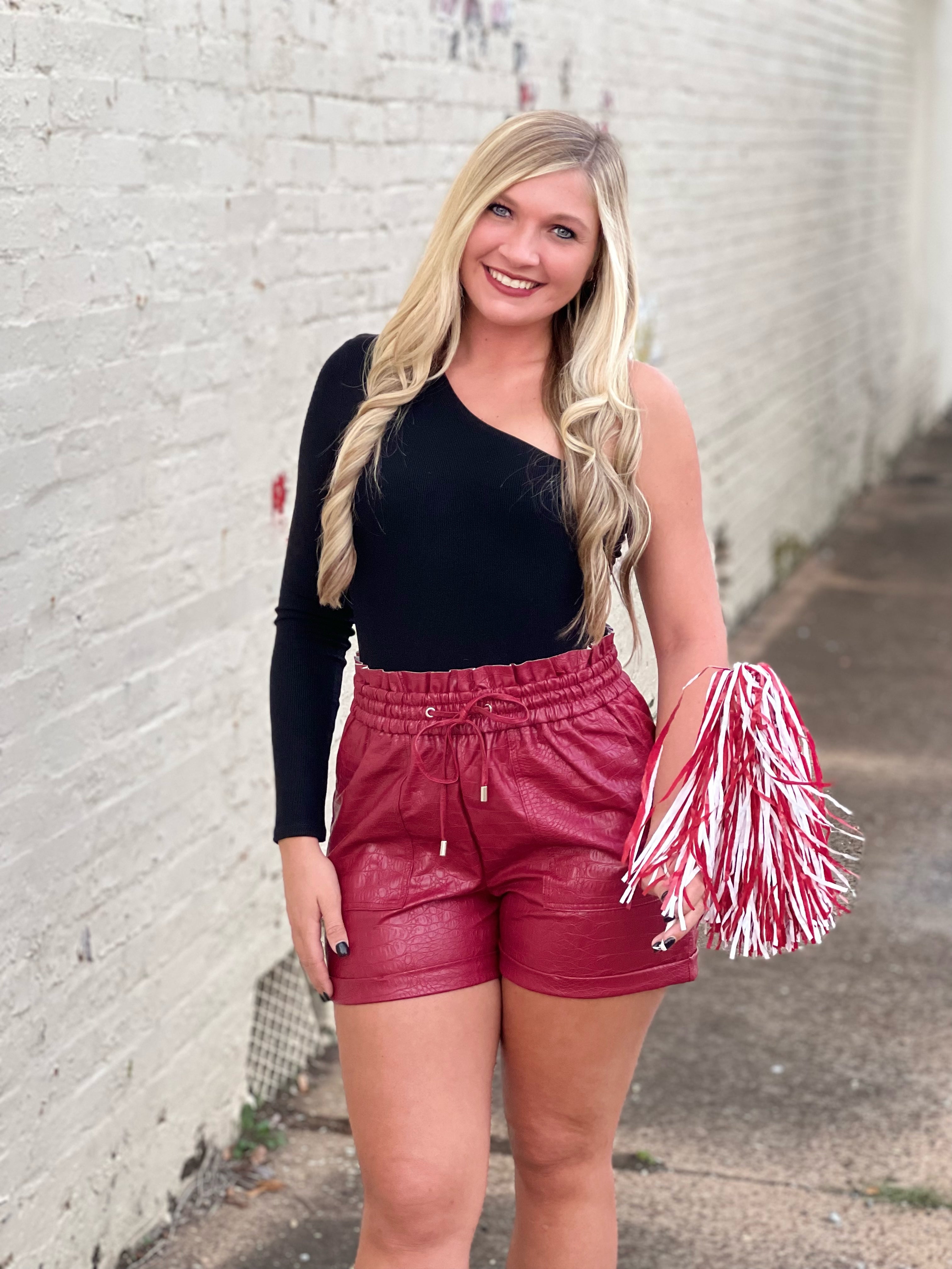 Crocodile Pattern Faux Leather Shorts Dark Red - Southern Fashion