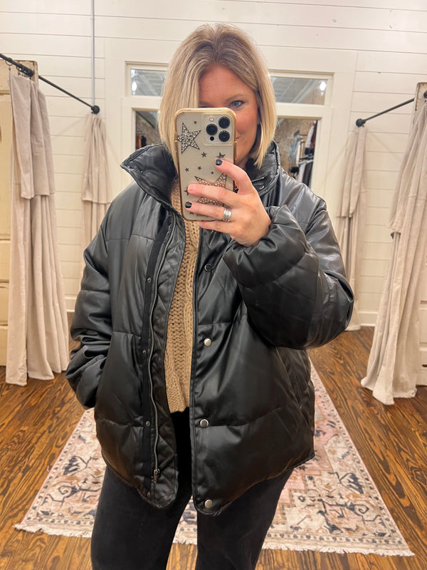Leather Puffer Jacket Black