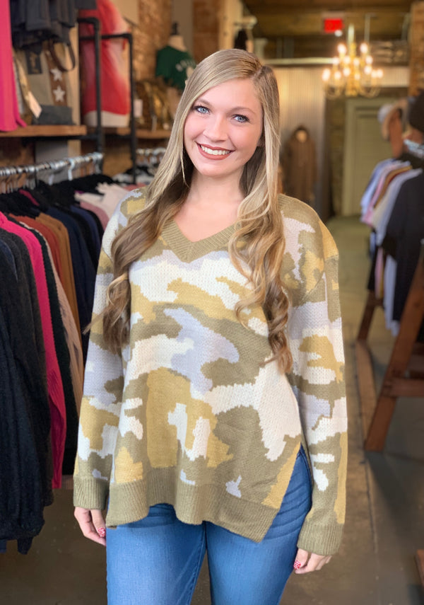 Spotted Camo Sweater Top Olive