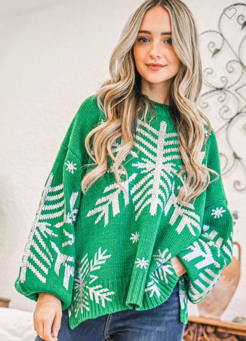 Snowflake Foil Print Sweater Top Green