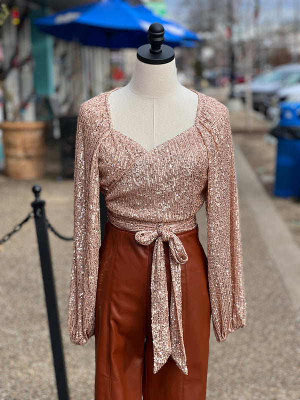 Sequin Wrap Crop Top Champagne Rose