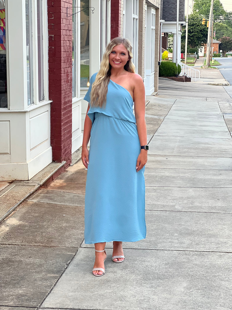 Solid Woven One Shoulder Maxi Dress Blue