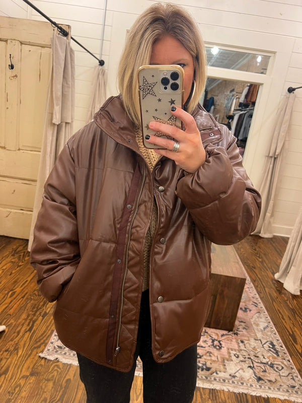 Leather Puffer Jacket Chocolate