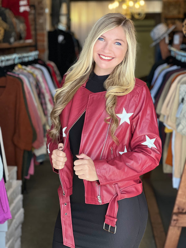 Vegan Leather Star Print Jacket Red