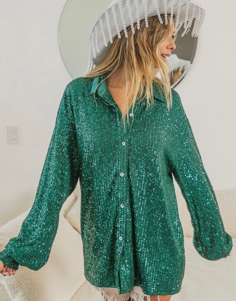 Holiday Sequins Oversized Shirt Teal