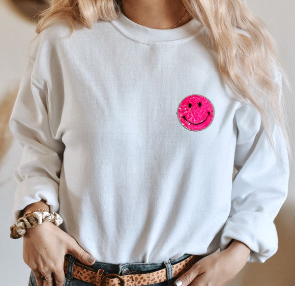 Smiley Face Sequin Patch Sweatshirt White