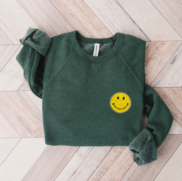 Smiley Face Sequin Patch Sweatshirt Green