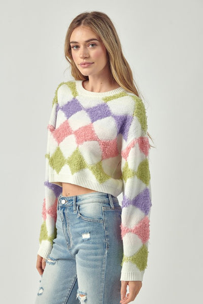 Fuzzy Diamond Patterned Sweater Purple - Southern Fashion Boutique Bliss