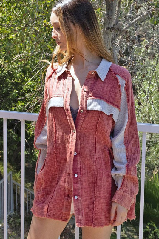 Mineral Wash Button Down Top Marsala