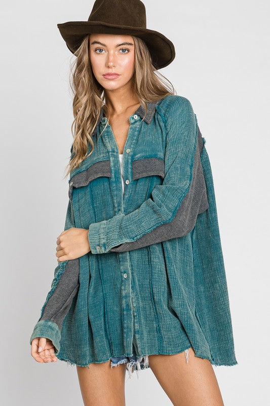 Mineral Wash Button Down Top Teal