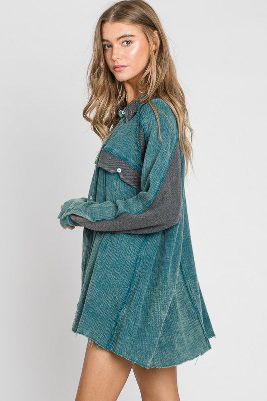 Mineral Wash Button Down Top Teal