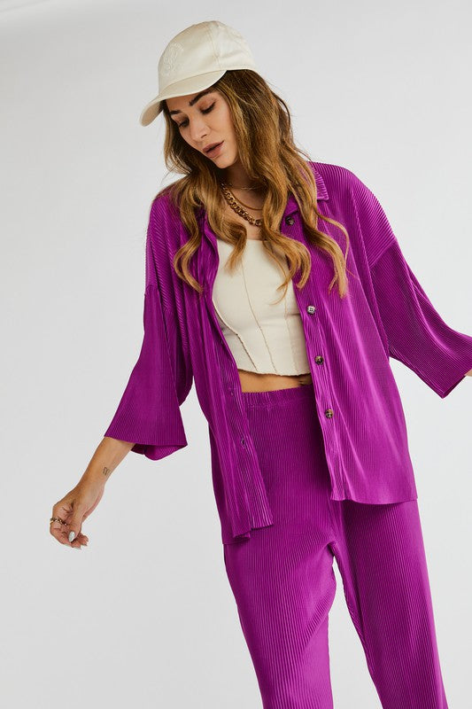 Loose Fit Button Down Wrinkle Shirt Magenta