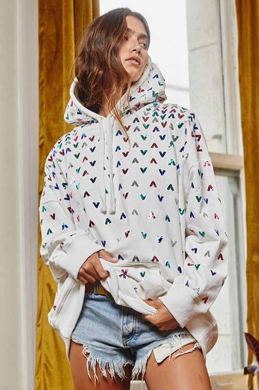 Sequin Embellished Solid Hoodie White