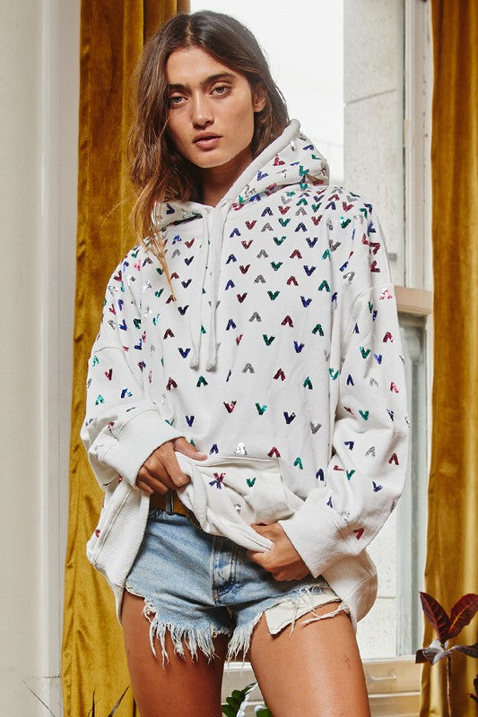 Sequin Embellished Solid Hoodie White