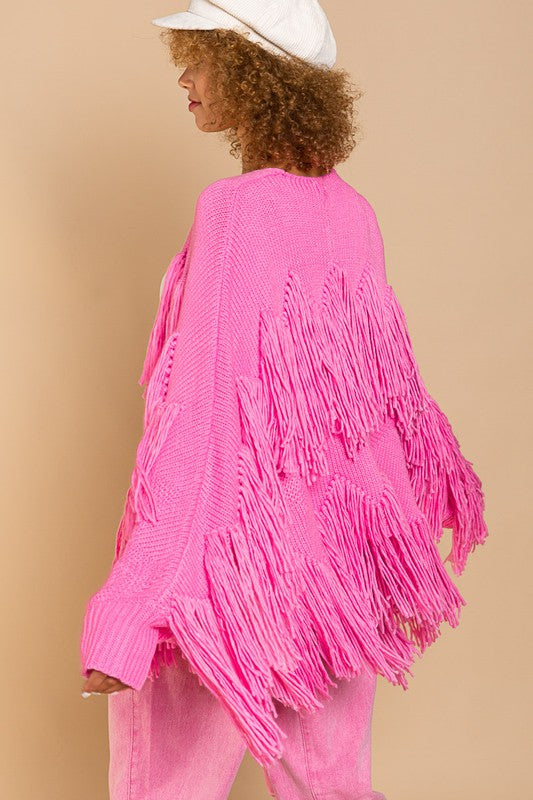 Tassel Detail Open Front Sweater Cardigan Pink