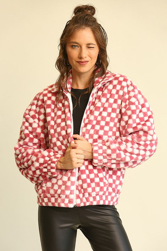 Fuzzy Sherpa Checker Zip Up Jacket Rose