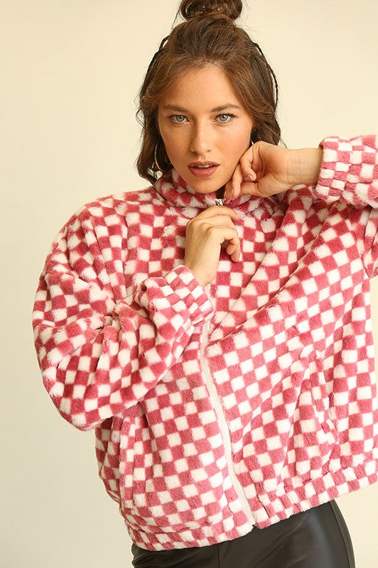 Fuzzy Sherpa Checker Zip Up Jacket Rose
